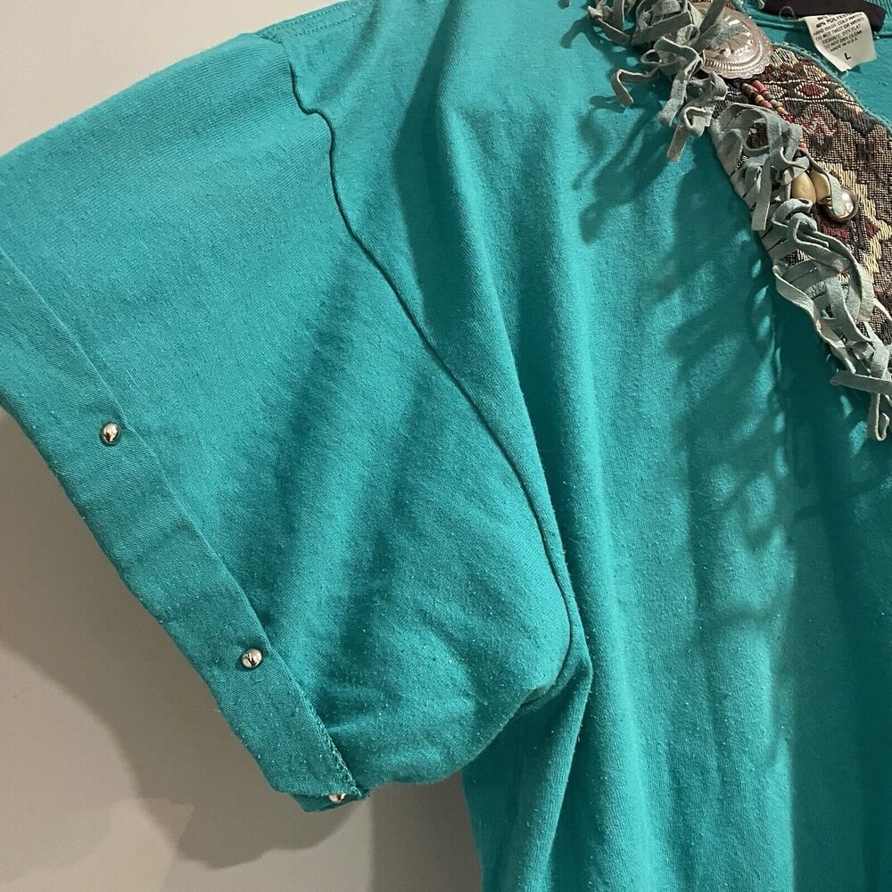 Vintage T-SHIRT Western Core Cowgirlcore Conchos Teal Fringe Size L 80'S - Picture 3 of 5